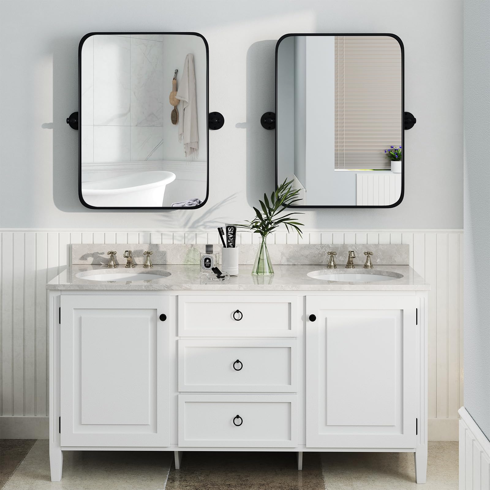 30x22 Pivot Tilting Bathroom Mirror - Black Framed Wall Mounted