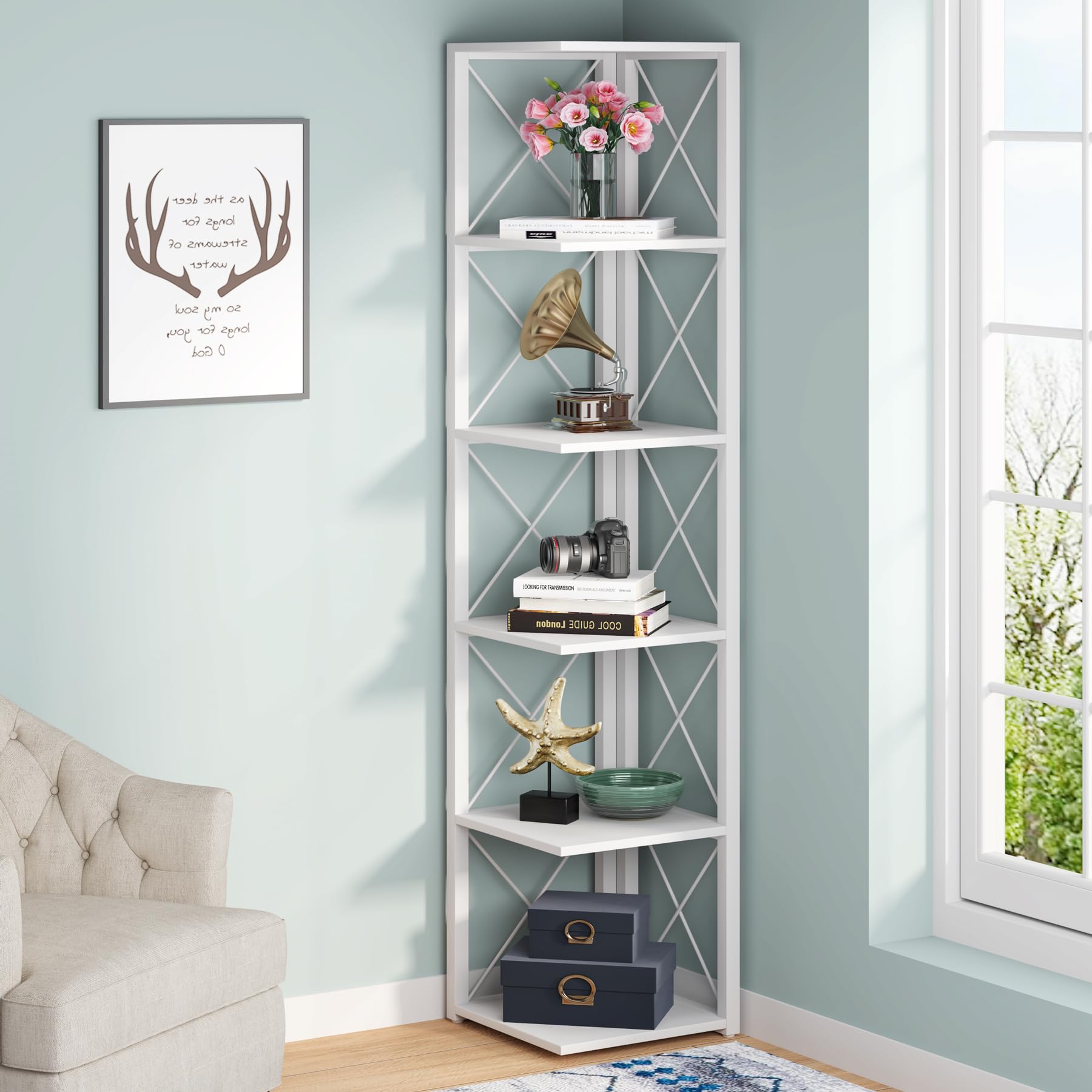 6 Tier Tree Bookshelf, Small Bookcase with Storage Cabinet, Modern Narrow Bookshelves