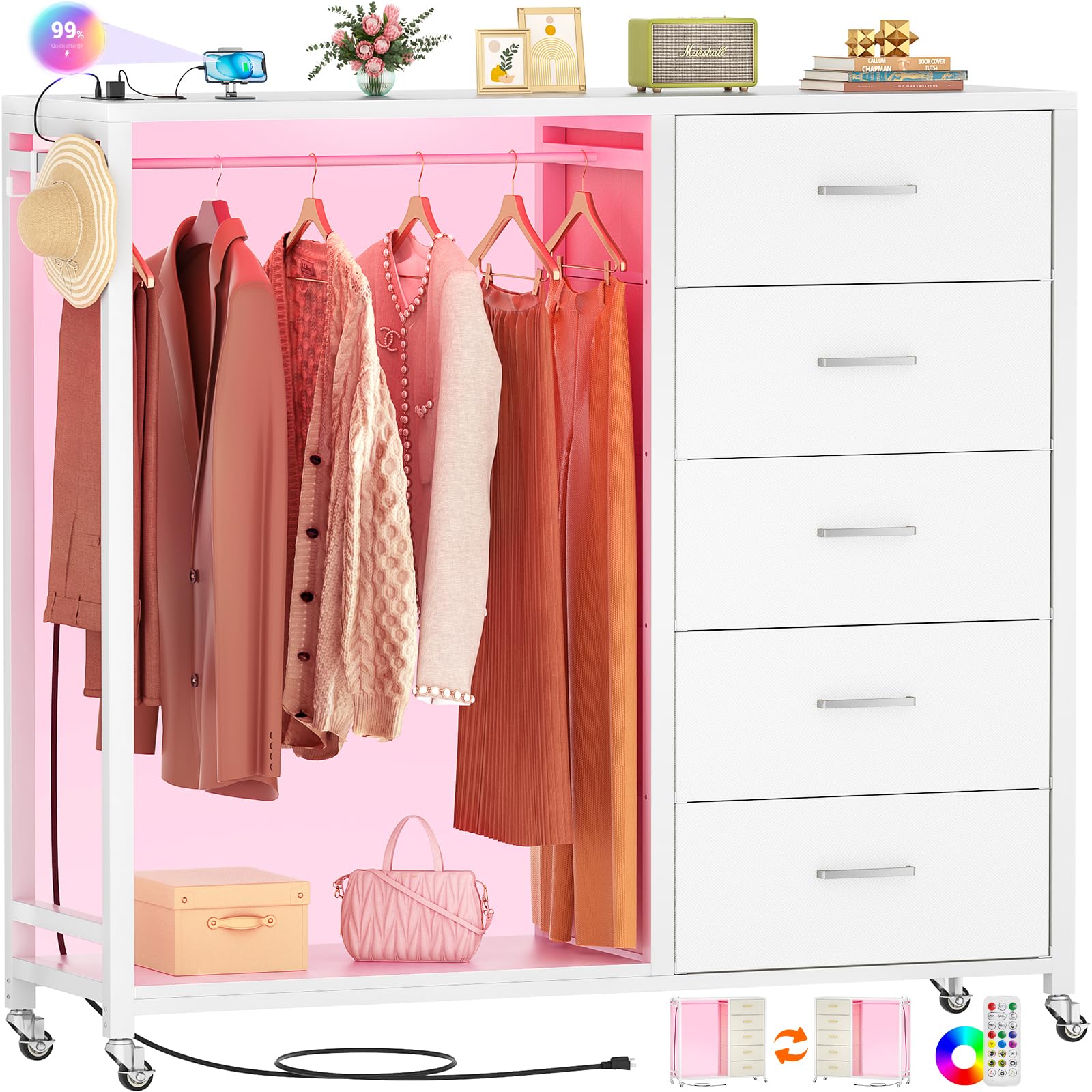 Dresser with Clothes Rack, 5 Drawers Dresser