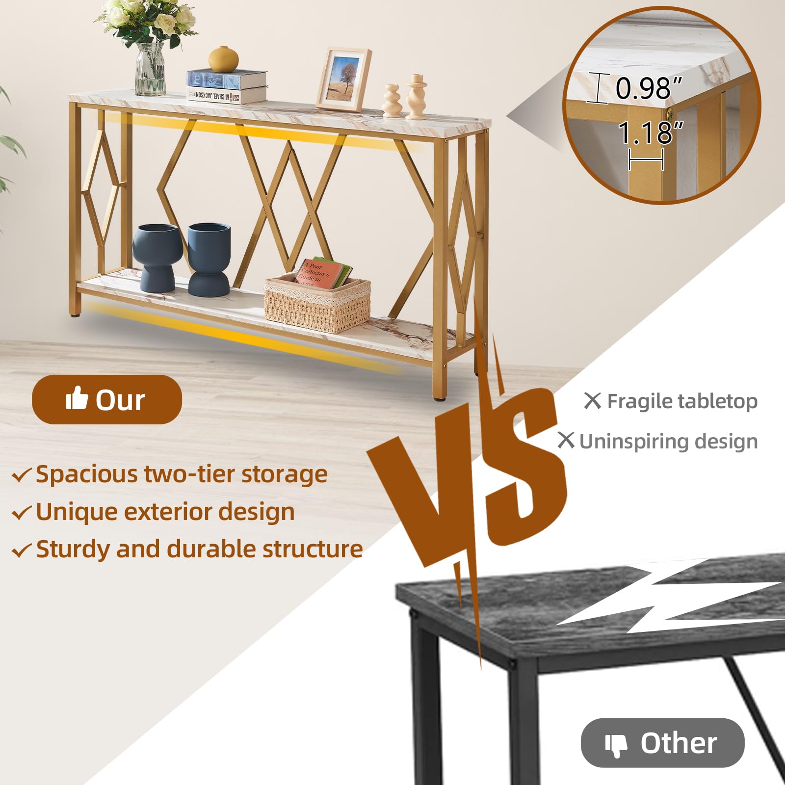 Gold Entryway Console Table with Faux Marble Top - 55 Inch Modern Sofa Table