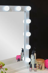 Makeup Vanity Two Piece Set with Lighted Glam Mirror Accents, White and Gold