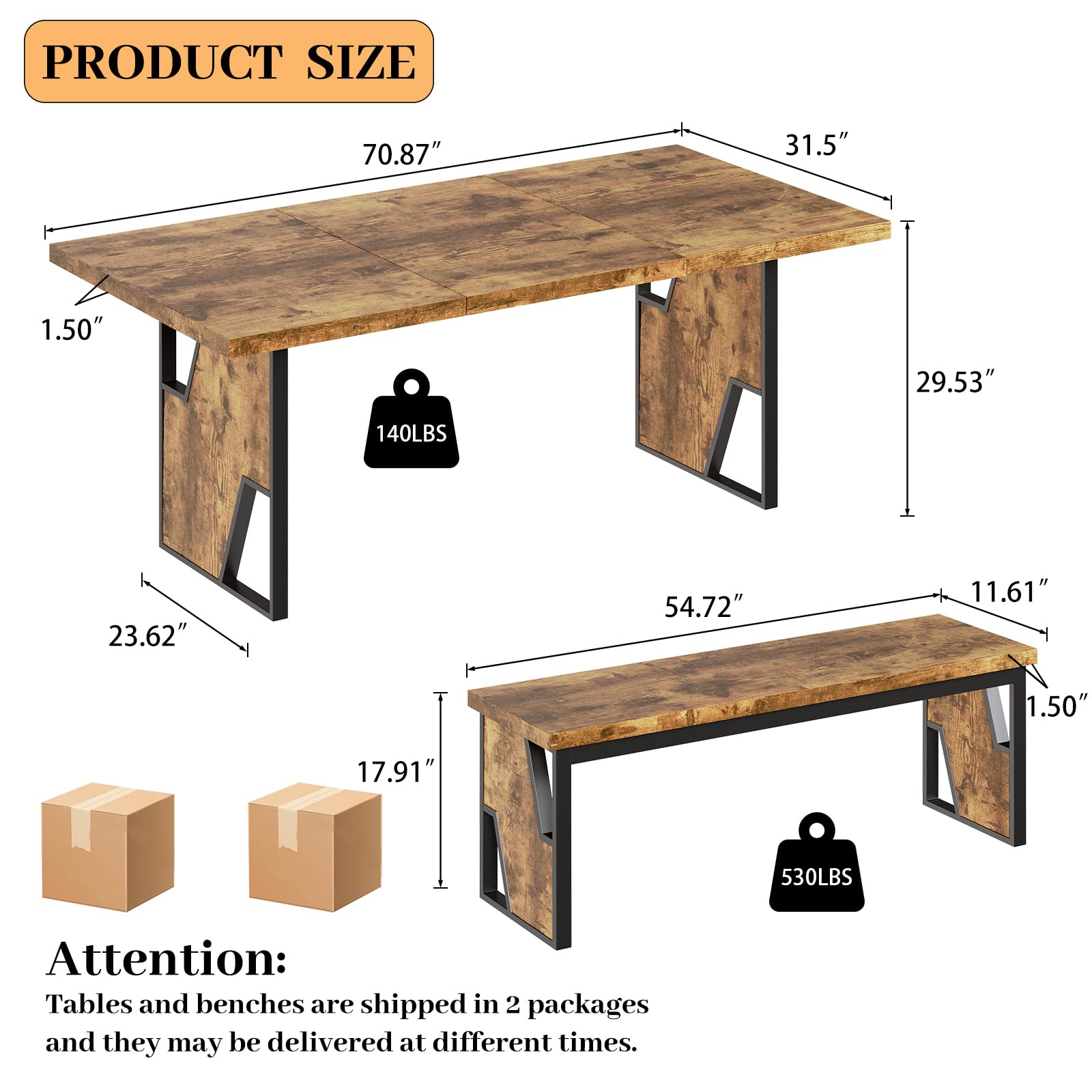 70.8" Wooden Dining Table Set with 2 Benches