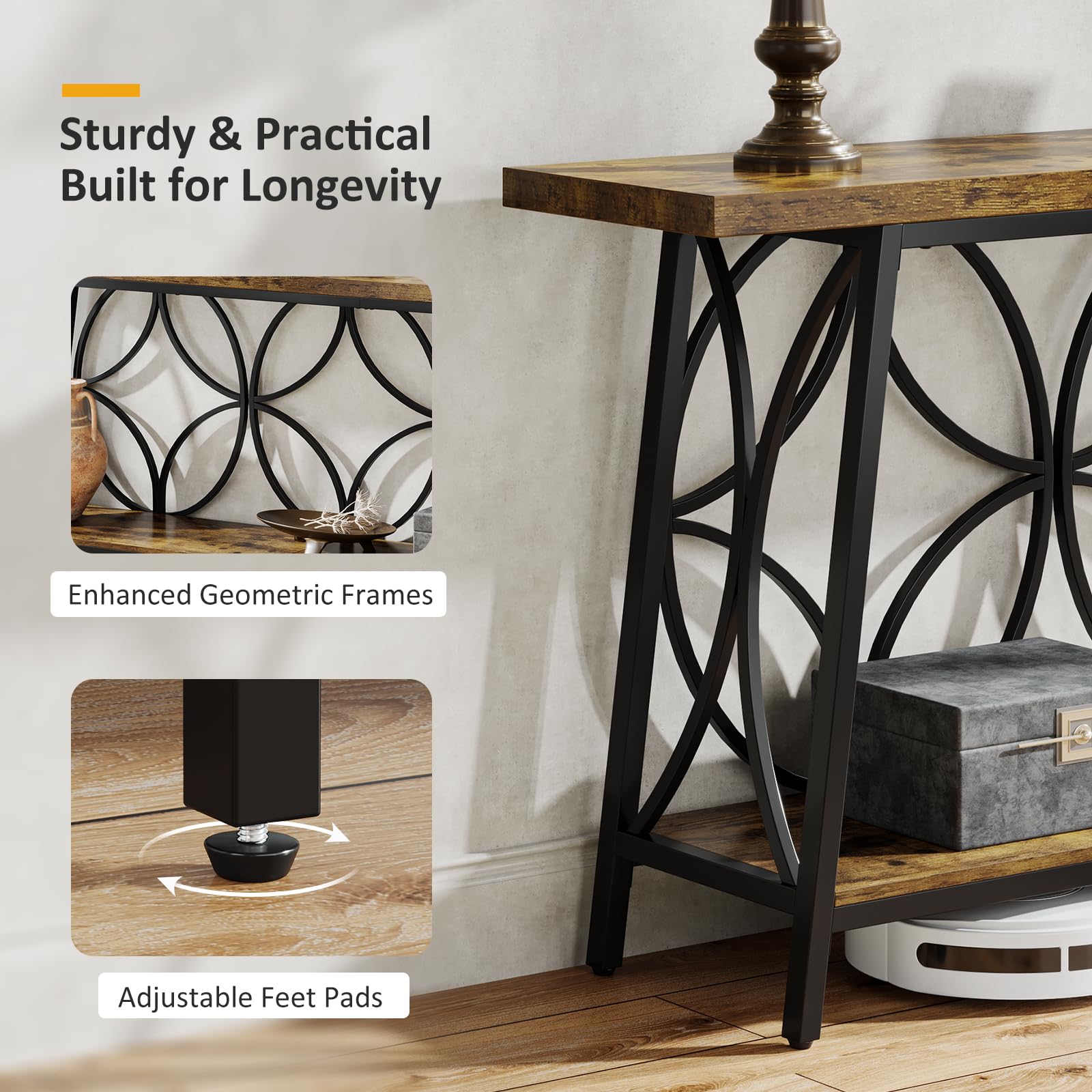 70.9-Inch Rustic Brown Console Table with Storage - 2-Tier Sofa Table