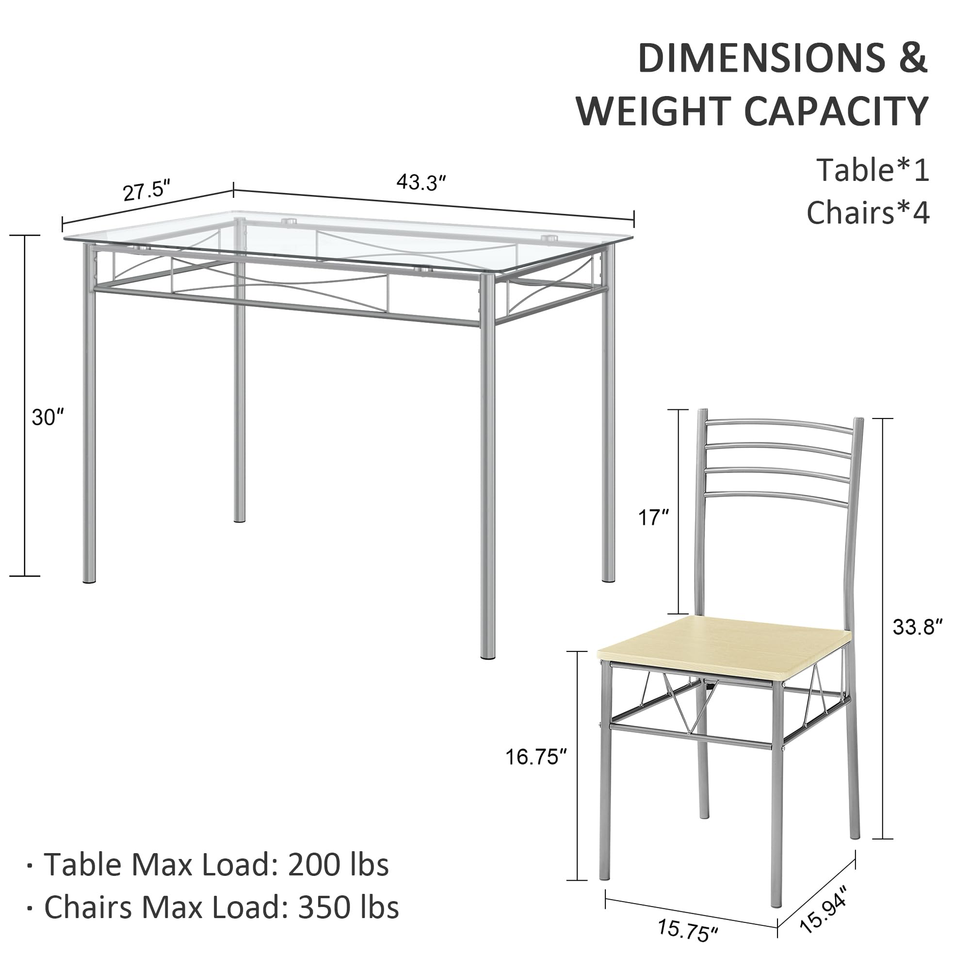 5 Piece Dining Table Set for 4 with Chairs, Glass Tabletop, Small Space, Silver