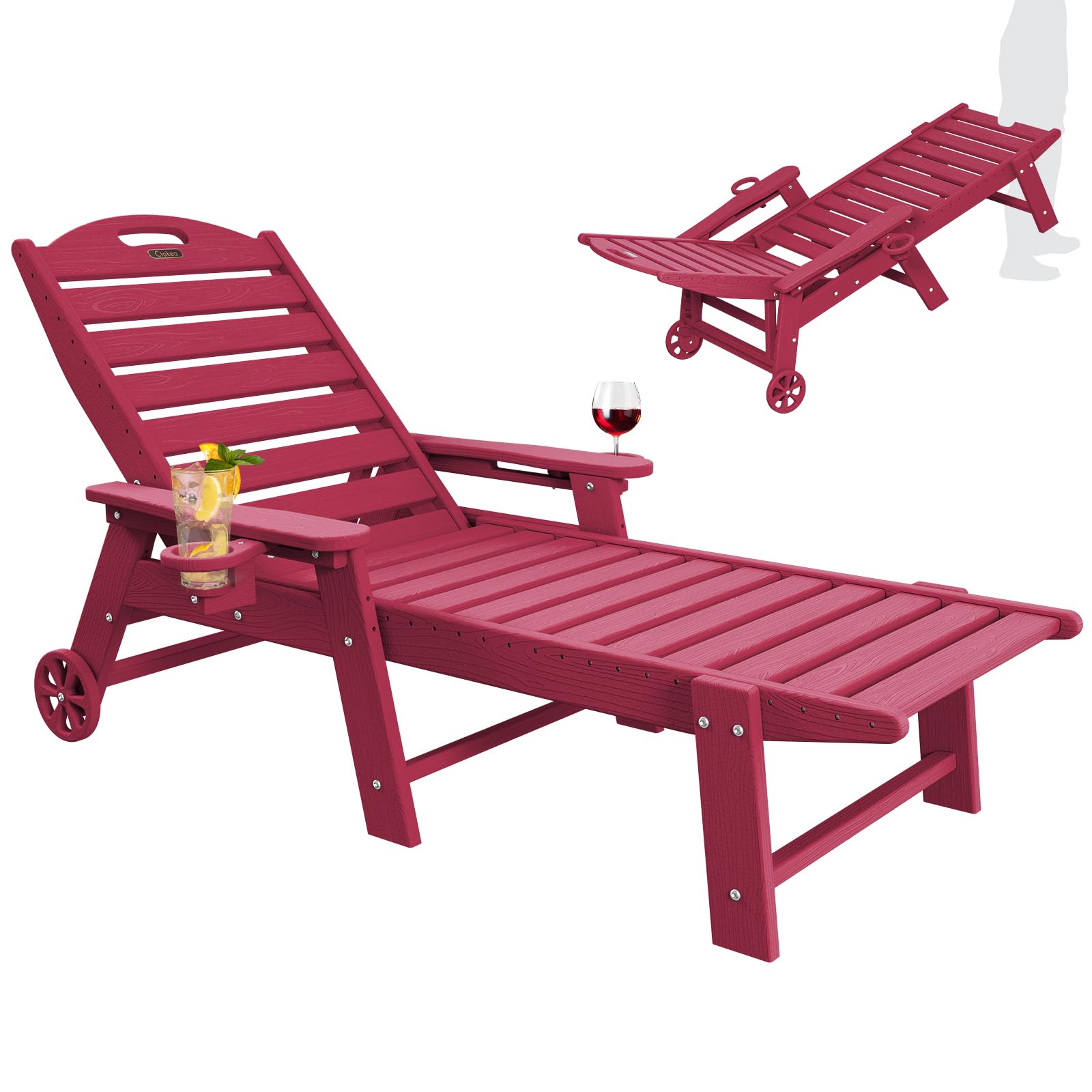 Chaise Lounge Chair Outdoor with Wheels, Double Cup Holders Adjustable 5-Position