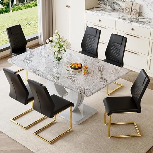 Modern 7-Piece Dining Set - 63" Faux Marble Table with 6 Upholstered Chairs