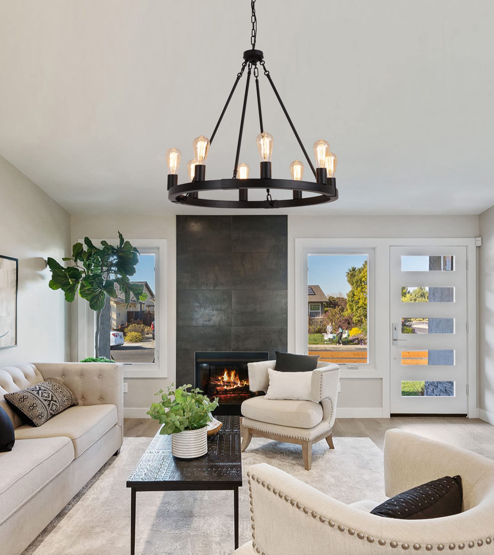 Farmhouse 8-Lights Black Industrial Wagon Wheel Chandelier Light Fixture for Foyer
