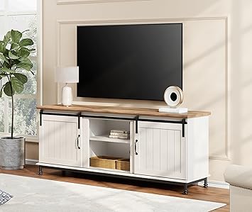 70'' Farmhouse TV Stand for 75 Inch TV, White Entertainment Center with Sliding Barn