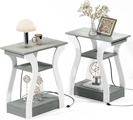 End table with Charging Station, Side Table with USB Ports and Outlets, Nightstand