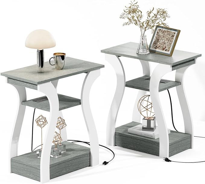 End table Set of 2 with Charging Station, Side Table with USB Ports and Outlets, Nightstand