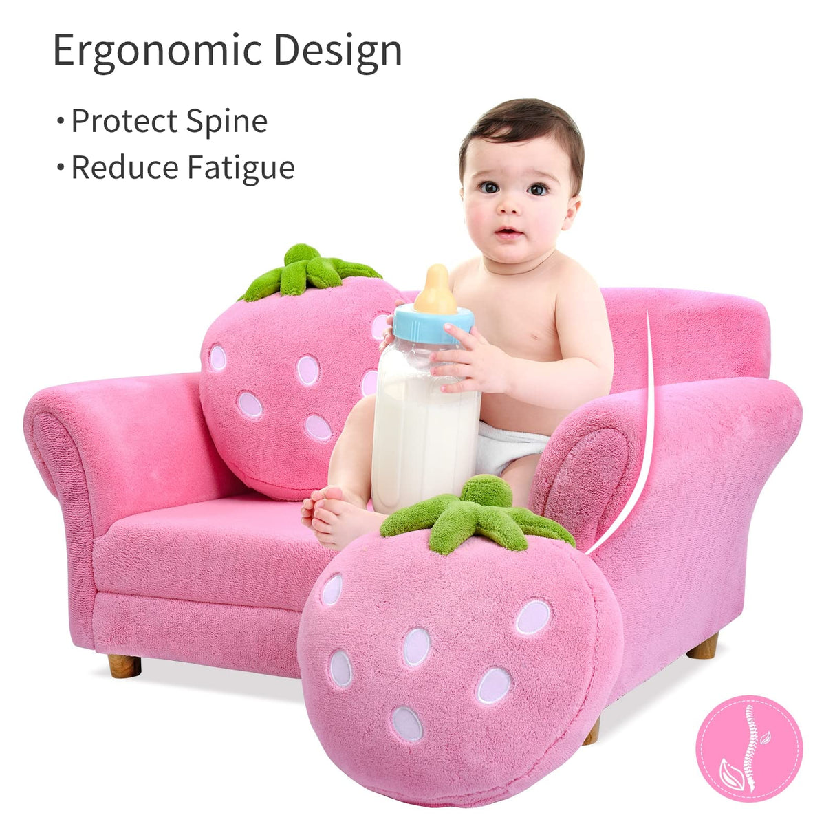 Upholstered Toddler Couch Chair with Ergonomic Back & 2 Strawberry Pillows, Double Seat Toddler Armchair for Boys Girls