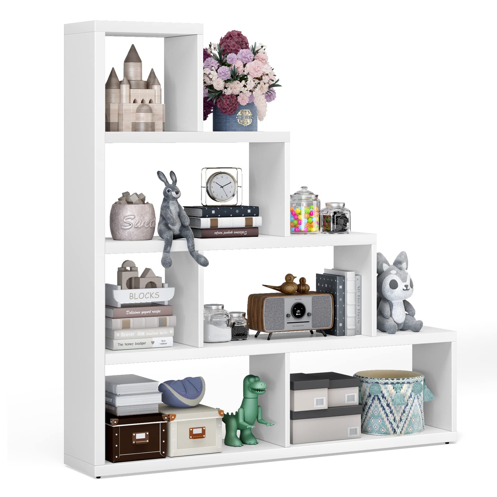 Cubes Bookshelf, Freestanding 6-Cube Stepped Etagere Bookcase, L Shaped Ladder Corner Open Bookshelf, Wood Storage Display Shelf for Living Room Home Office, 61 x 11.5 x 64 Inch (White)
