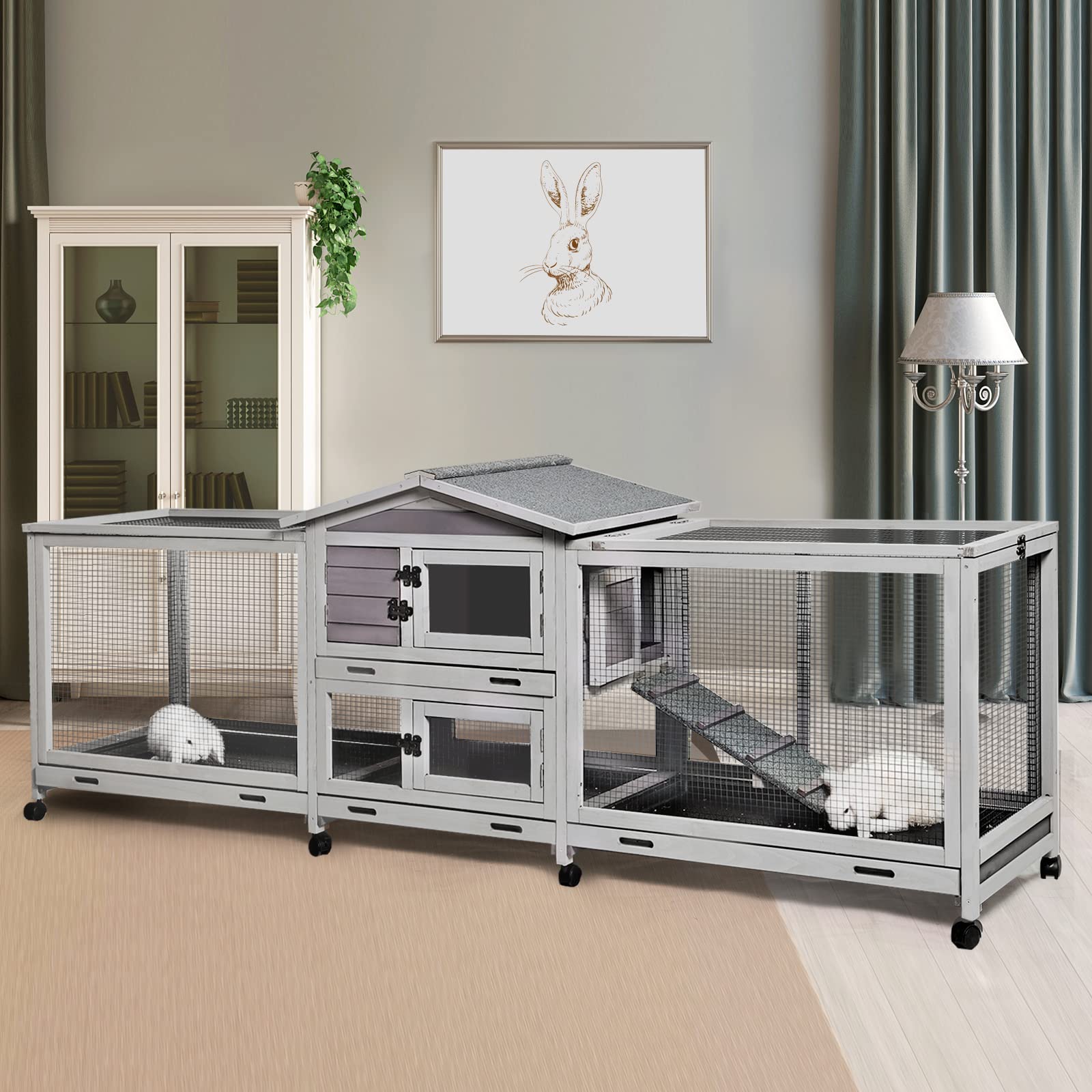Rabbit Hutch Bunny Cage Indoor & Outdoor Rabbit Cage on Wheels