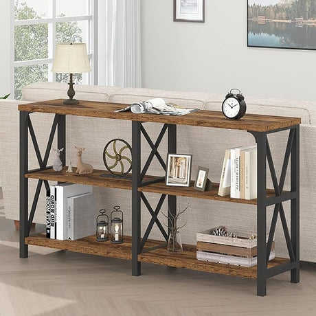 Black Console Table, Modern Entryway Table with 3 Tier Storage Shelves, Industrial Sofa Table Behind Couch for Living Room,