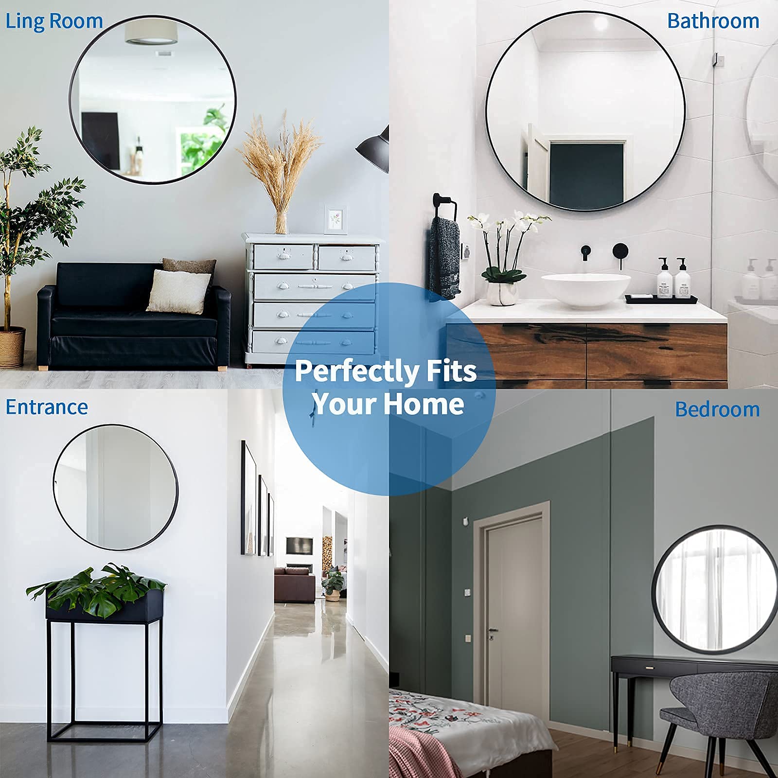 42" Large Round Mirror Circle Wall Mirror, Black Metal Framed Huge Farmhouse Hanging