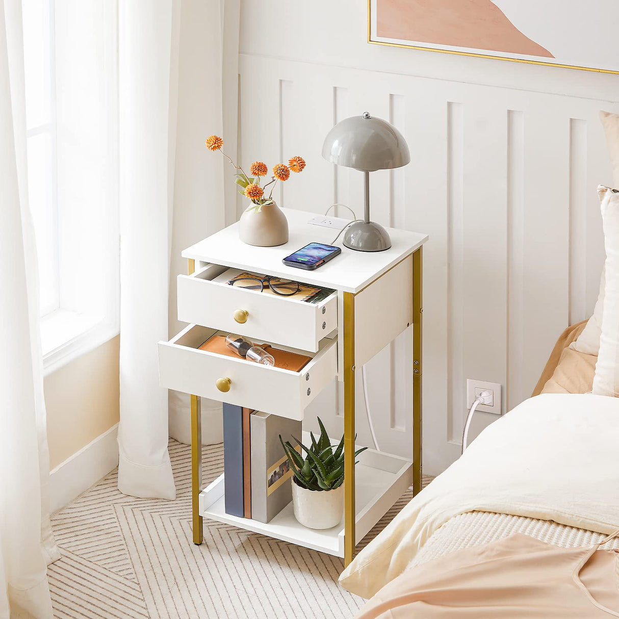 Nightstand with Charging Station and Modern Side Table with 2 Drawers Bundle