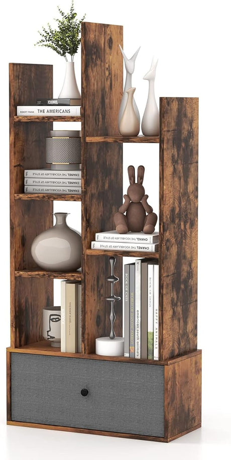 Giantex 9-Cube Bookcase with 2 Drawers - Industrial Freestanding Open Display Shelving with Anti-toppling Device, 12 Storage Shelves, Wooden Tree Shaped Bookshelf for Living Room, Rustic Brown