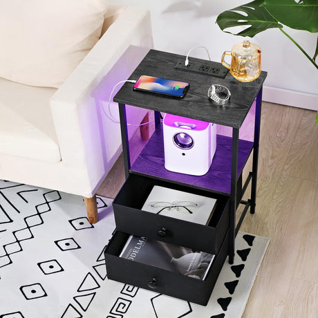 LOAKEKEL Night Stand Set 2, LED Nightstand with Charging Station, End Tables with Storage Shelf for Small Spaces, Bedside Table Side Tables with 2 Fabric Drawers for Bedroom, Black, HETS02BK