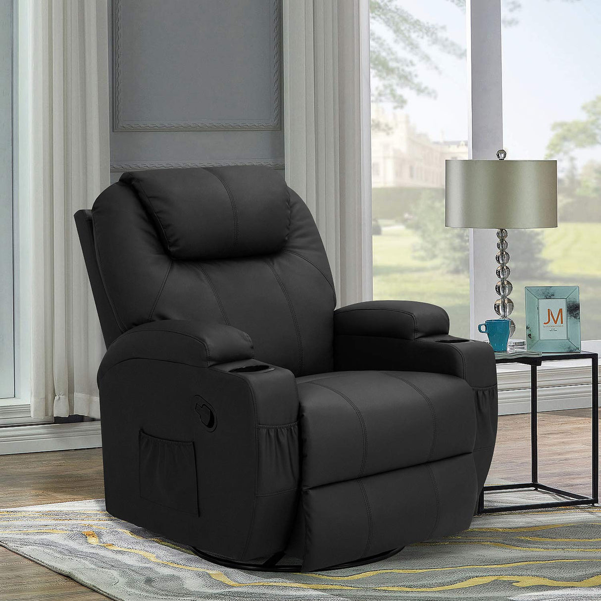 Swivel Rocker Recliner with Massage and Heating Functions, Sofa Chair with Remote Control and Two Cup Holders, Suitable for Living Room, Dark Black