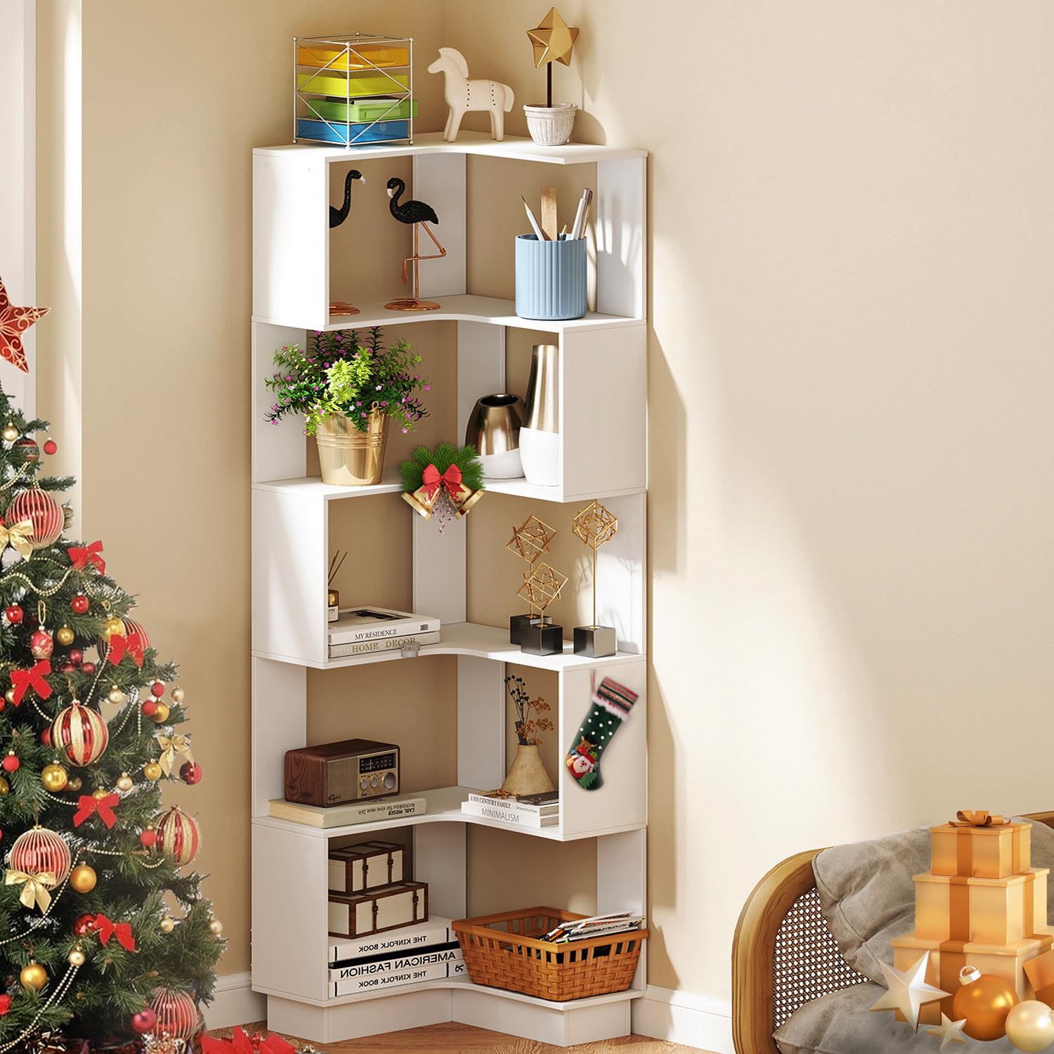 Corner Bookshelf, 5 Tiers Wooden Corner Bookcase 68.9" Tall L-Shaped Bookshelf