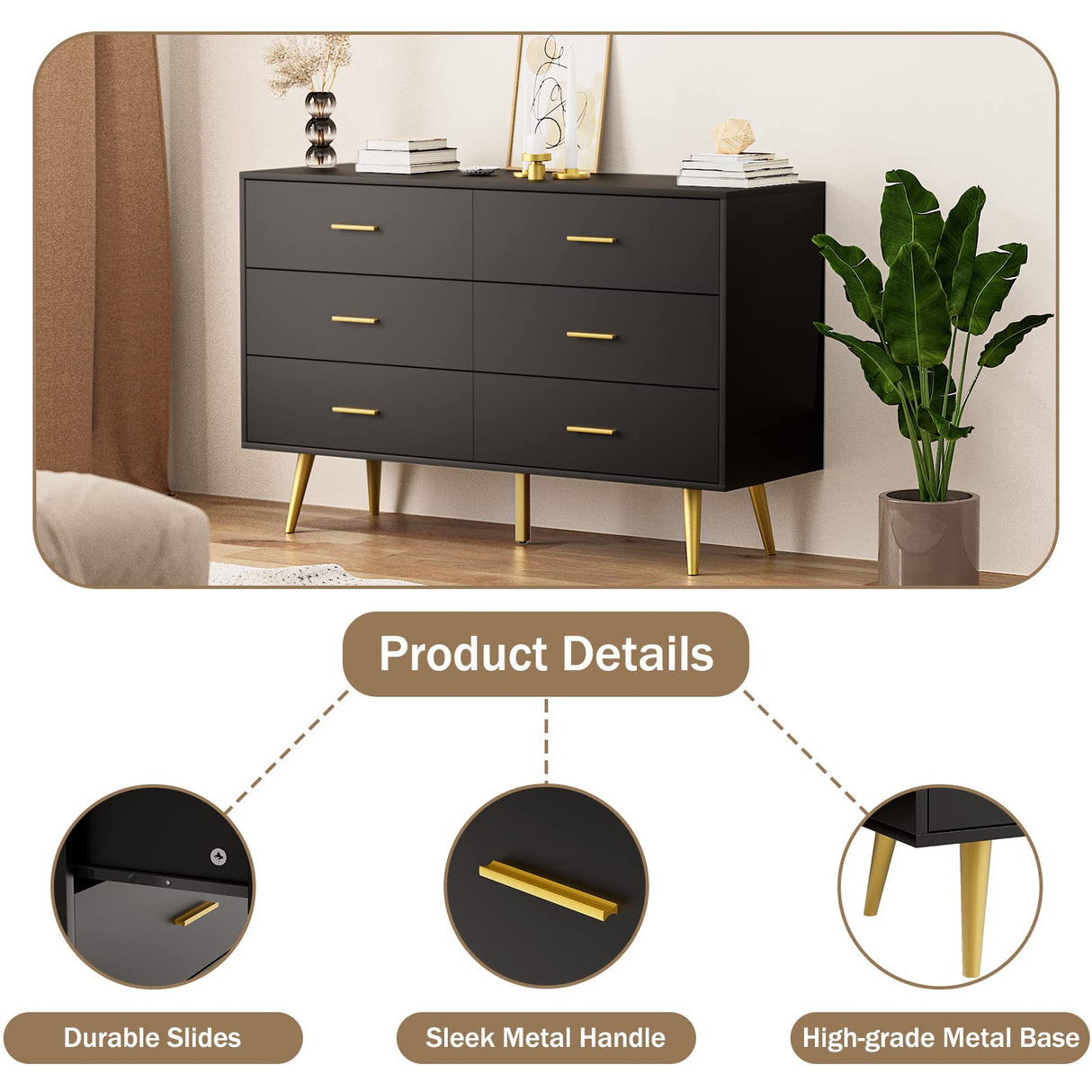 Black 6 Drawer Dresser for Bedroom, Wooden Black Double Dresser with Gold Handles