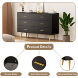 Black 6 Drawer Dresser for Bedroom, Wooden Black Double Dresser with Gold Handles