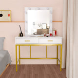 Table White Dressing Table Golden Steel Frame Square Mirror with 2 Drawer 9 Light Bulb