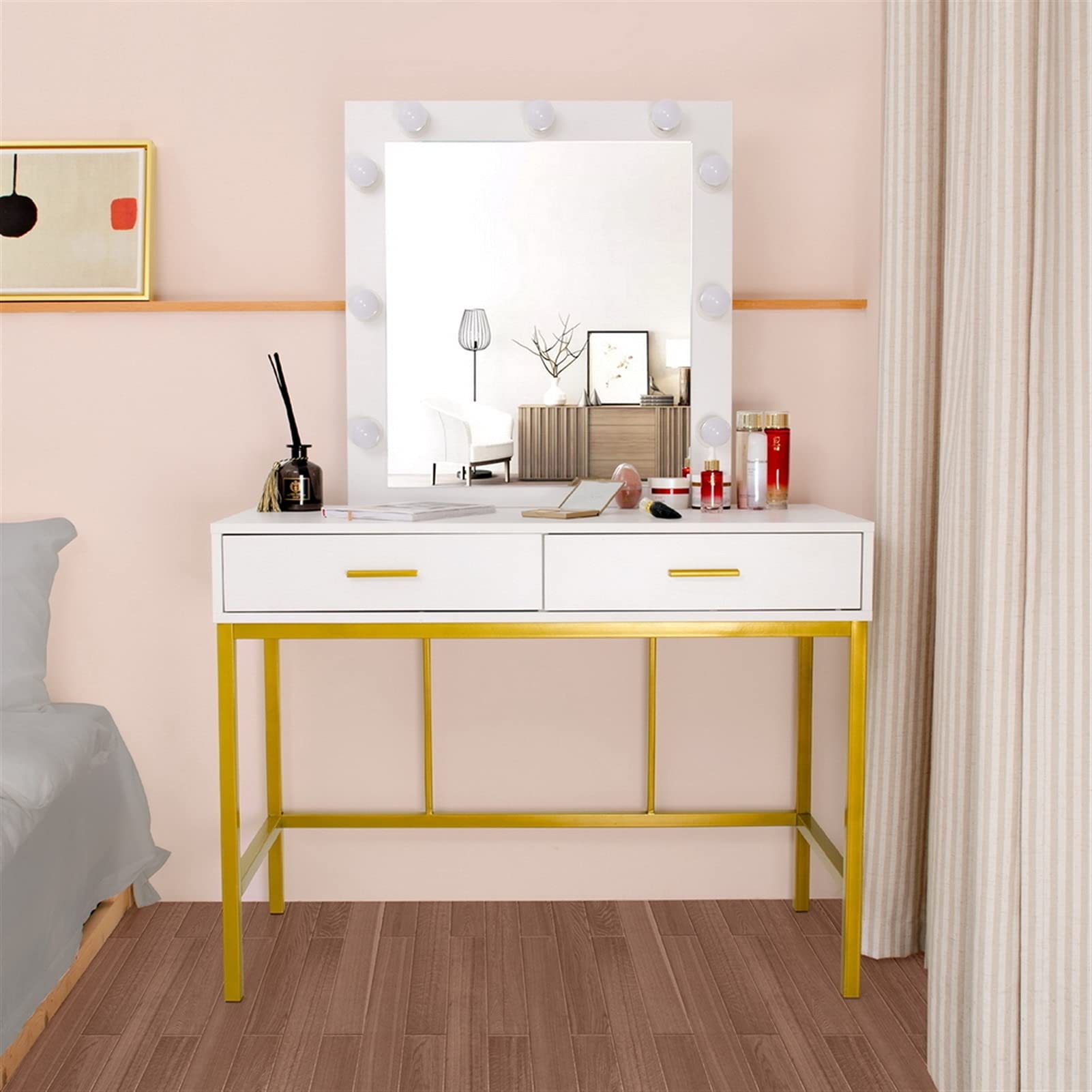 Table White Dressing Table Golden Steel Frame Square Mirror with 2 Drawer 9 Light Bulb