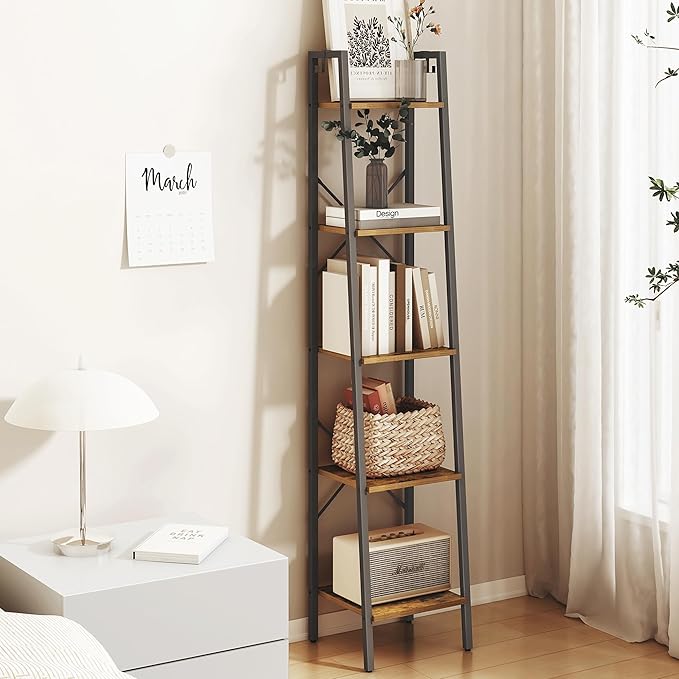 Ladder Shelf, Bookshelf Bookcase, Freestanding Corner Storage Shelve with 2 Hooks for