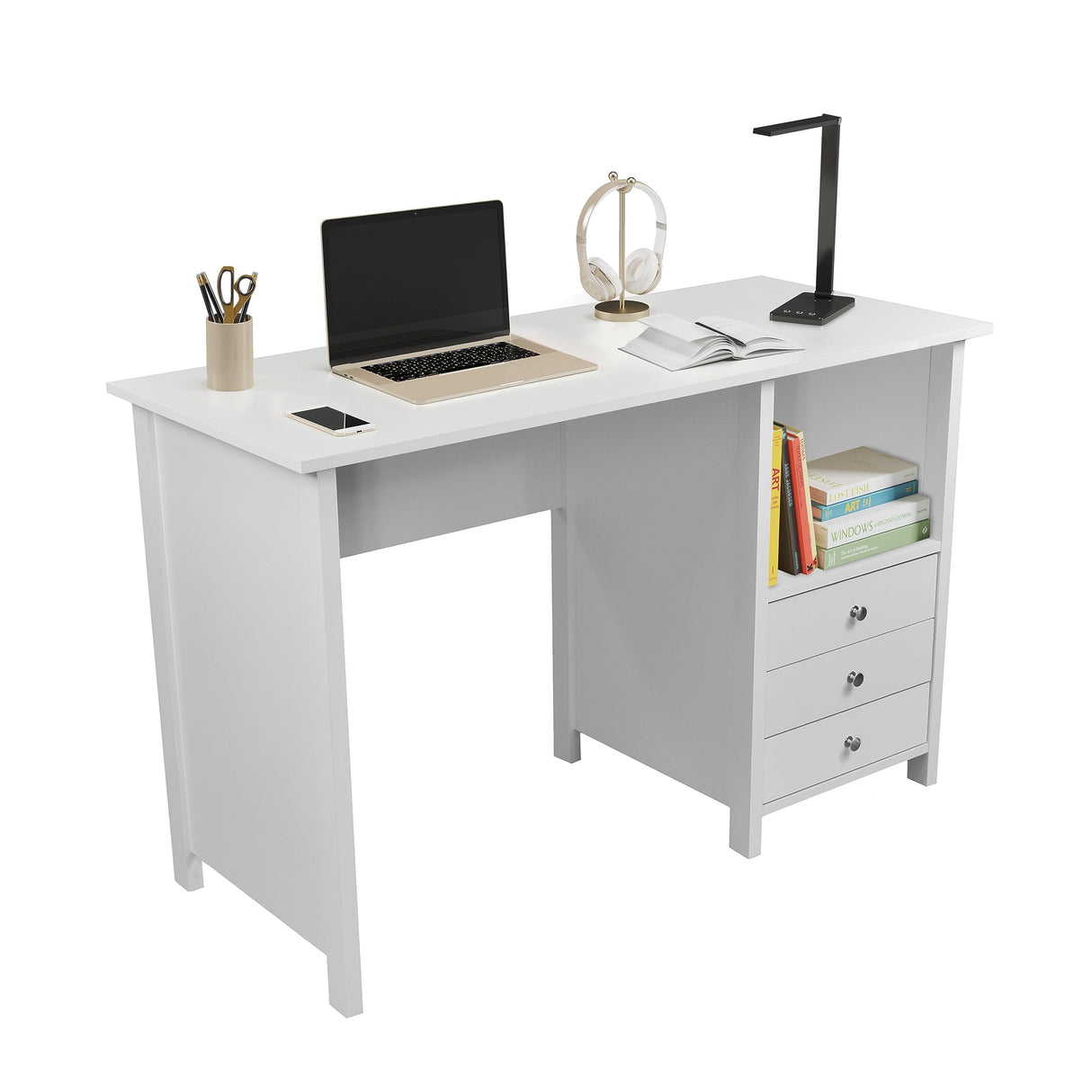 White Desk with Drawers - Small Office Desk with 3 Cabinet Drawers, Open Shelf