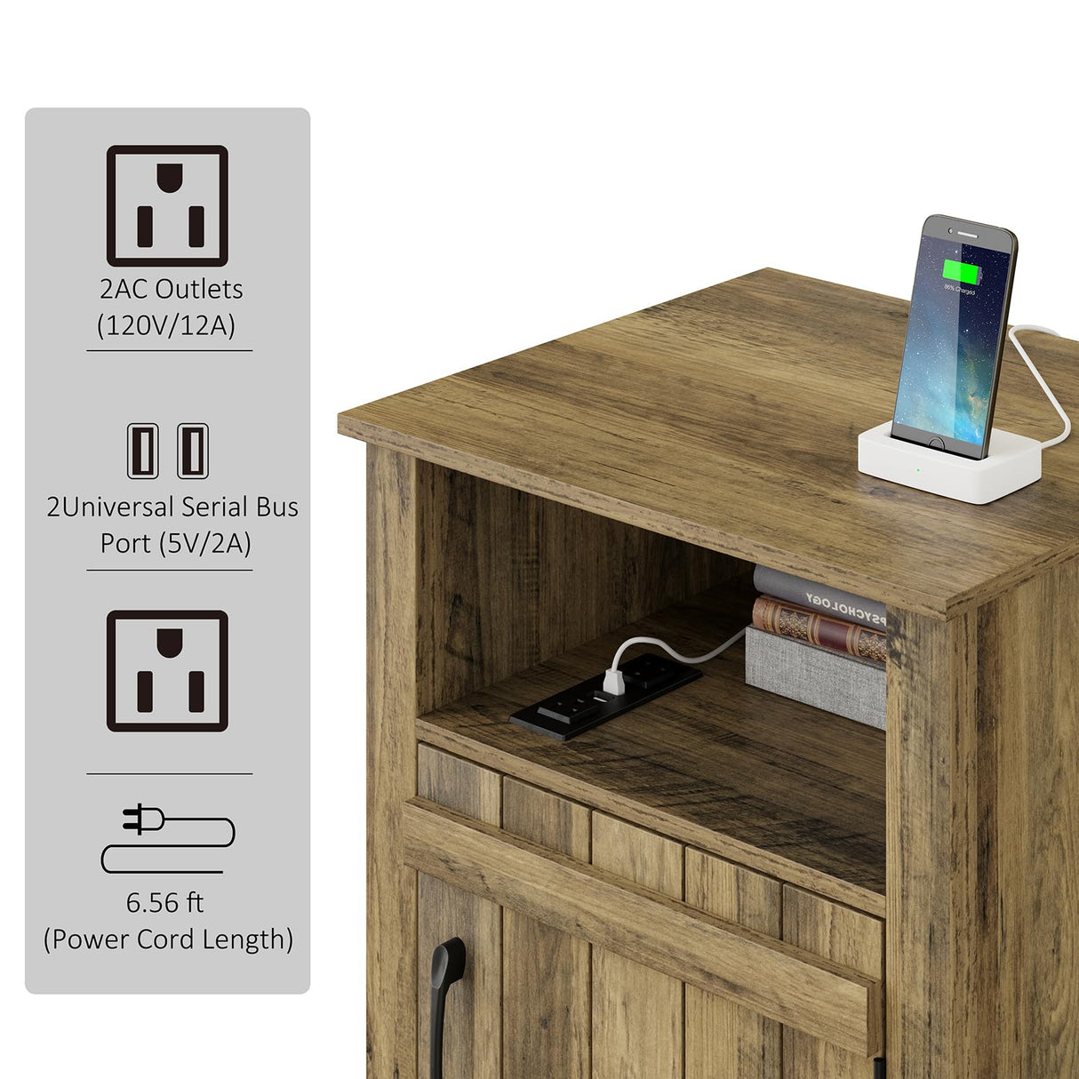 RRX Night stand Set of 2 Farmhouse End Table with Charging Station