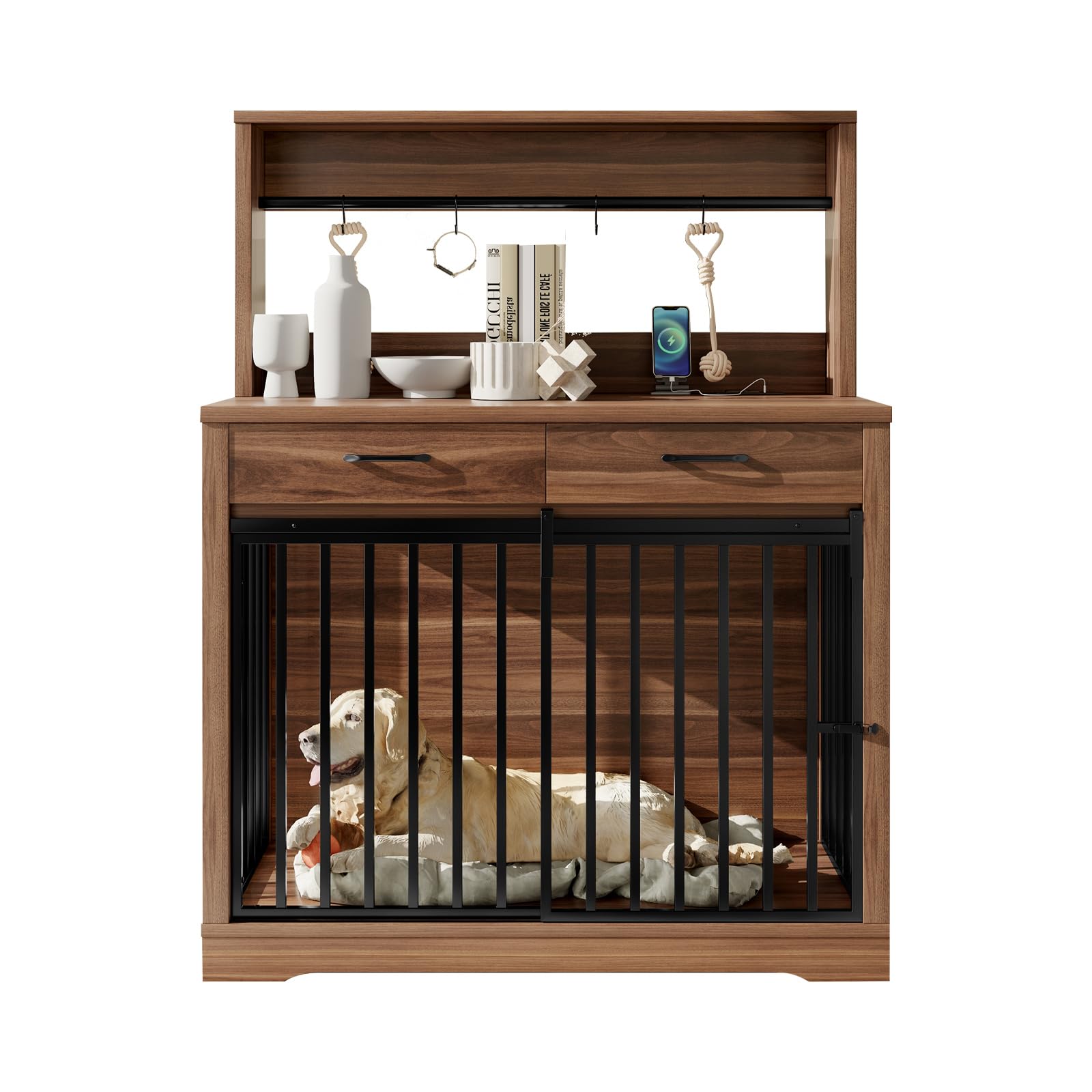 Modern Dog Crate Furniture with Charging Station - 38 Inch