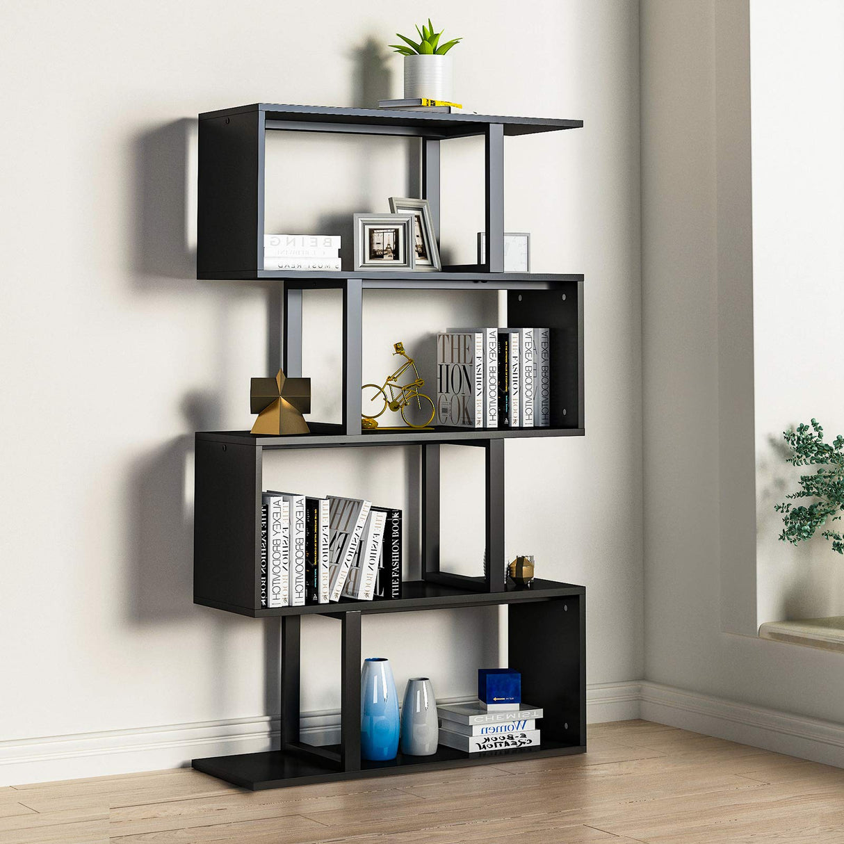 5 Tiers Bookshelf, Modern S-Shaped Z-Shelf Style Bookshelves, Multifunctional Geometric Bookcase Storage Display Shelf for Living Room Bedroom Home Office, Black