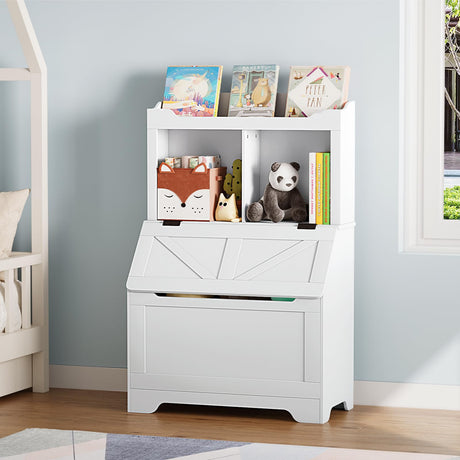 Storage Organizer, Large Wooden Toy Box Chest with Flip-top Lid and Cubby, 3-Tire Children's Bookcase