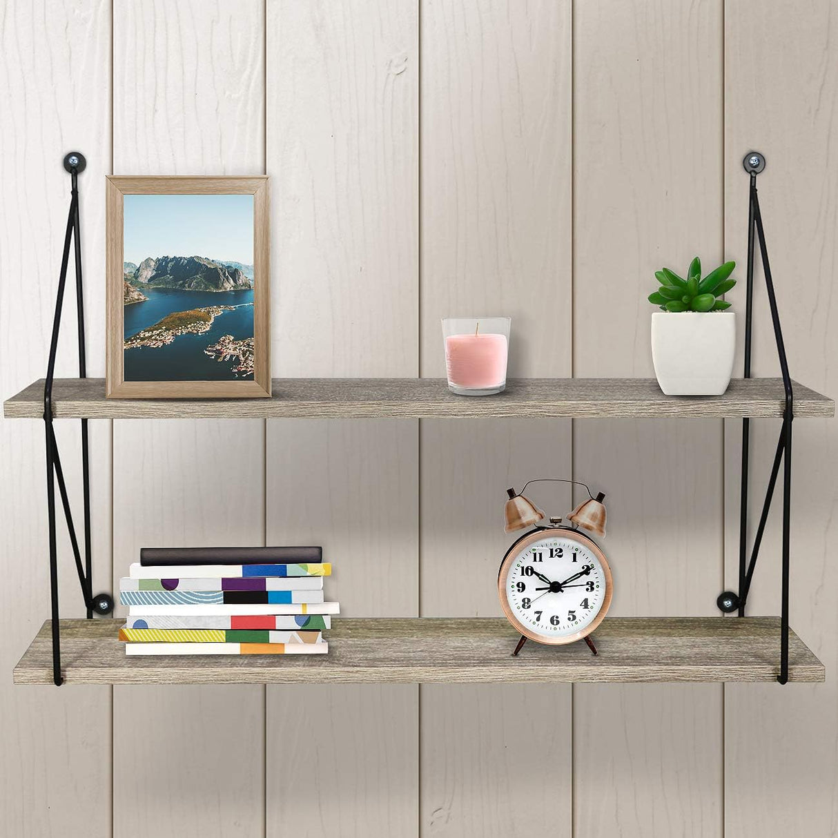 Floating Shelf with Metal Brackets — Wall Mounted Rustic Wood Wall Storage