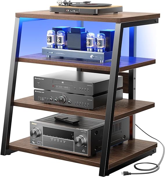 4-Tier AV Media Stand with Power Strips, Corner TV Stand with LED Lights