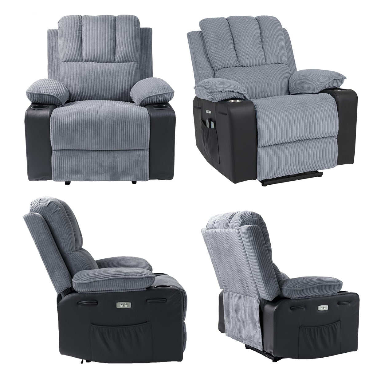 Chair with Massage Heat Oversize Cloth Reclining Sofa Push Back Reclining Lifting Footrest Padded Armrest Cup Holders Side Pockets Storage for Bedroom Sleeping Living Room Grey 34 in W