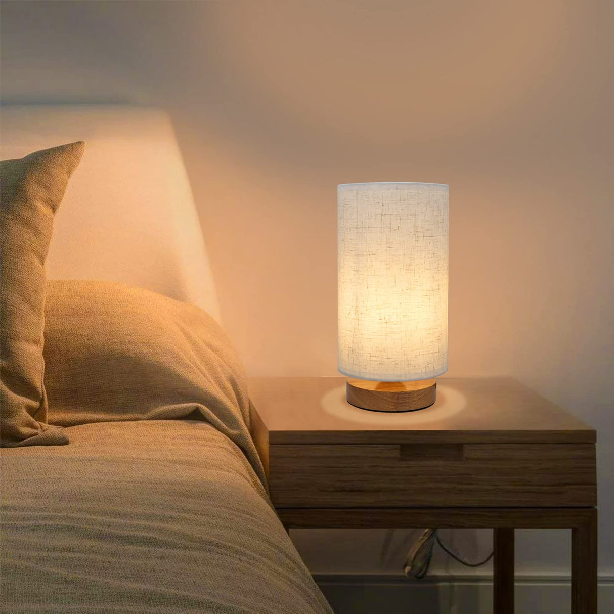 Small Bedside Night Table Lamp for Bedroom, Minimalist Nightstand Lamp with Round Fabric Linen Shade, Study Reading Desk Lamp for Kids Room, Living Room, College Dorm, Home, Office