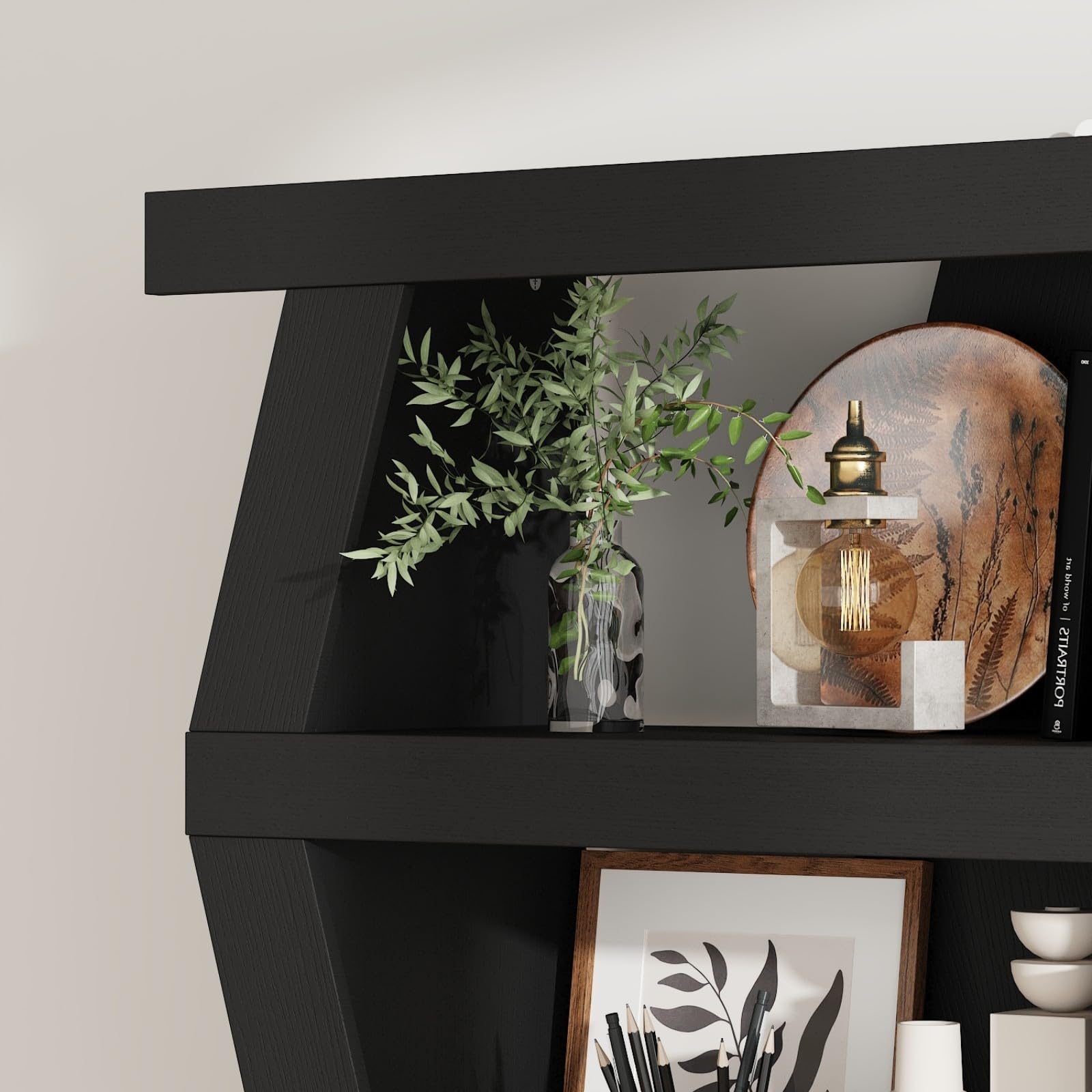 FAMAPY 63.8” Wavy-Shaped Bookshelf with 5-Tier Shelves, Standing Display Book Shelves, Book Case Shelf Wood Open Bookcase for Home Office Living Room 11.5”D x 35.4”W x 63.8”H