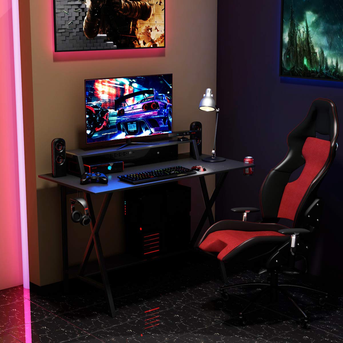 Gaming Computer Desk with Monitor Shelf, Gaming Table Workstation with Cup Holder Headphone Holder