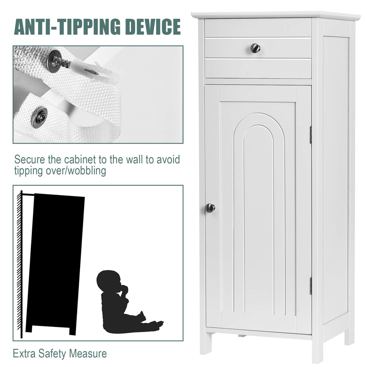Floor Storage Cabinet, Bathroom Freestanding Side Storage Organizer, Single Door Floor Storage Cabinet w/Drawer & Adjustable Shelves,