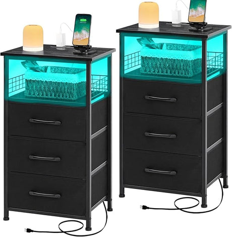 Night Stand Set 2 with Charging Station, Nightstands Set of 2 with 20 Colors LED Light Strip 3 Drawers,