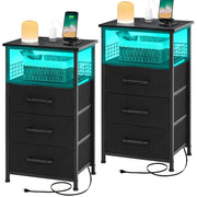 Night Stand Set 2 with Charging Station, Nightstands Set of 2 with 20 Colors LED Light Strip 3 Drawers,