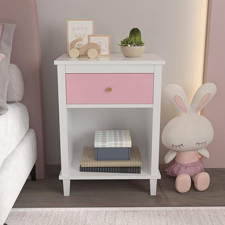 Kids Nightstand Modern Kids Bedside Table with Drawer & Open Storage Shelf Wood End