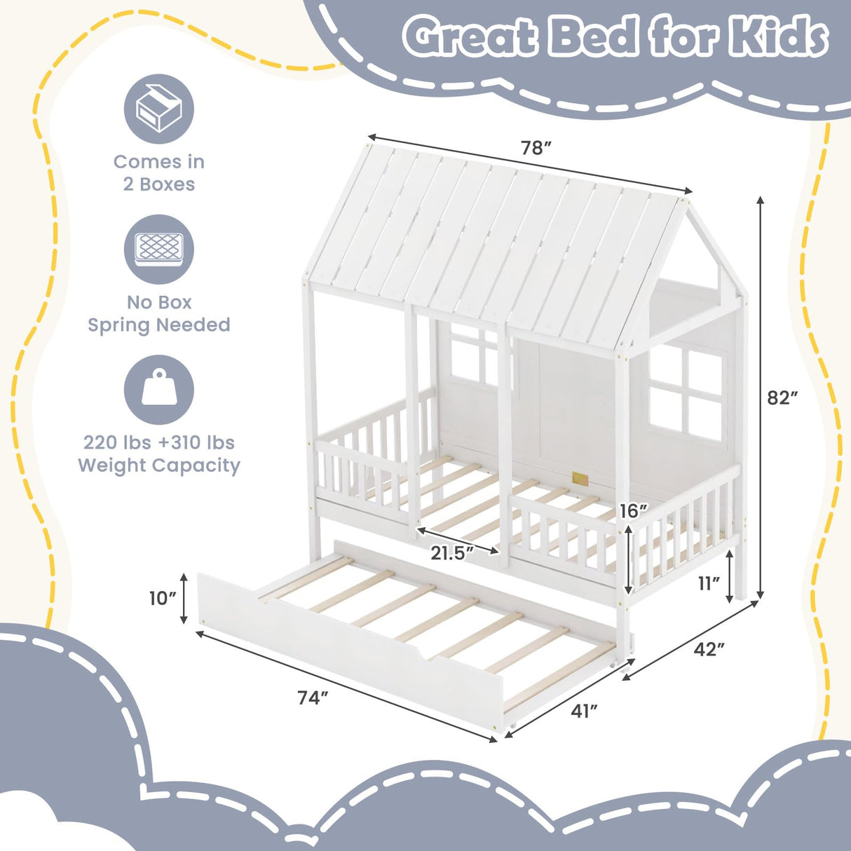 Twin House Bed with Trundle, Kids Bed Frame with 82" Tall Roof, Windows and Guardrail