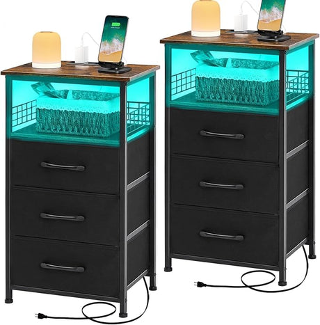 Night Stand Set 2 with Charging Station, Nightstands Set of 2 with 20 Colors LED Light Strip 3 Drawers,