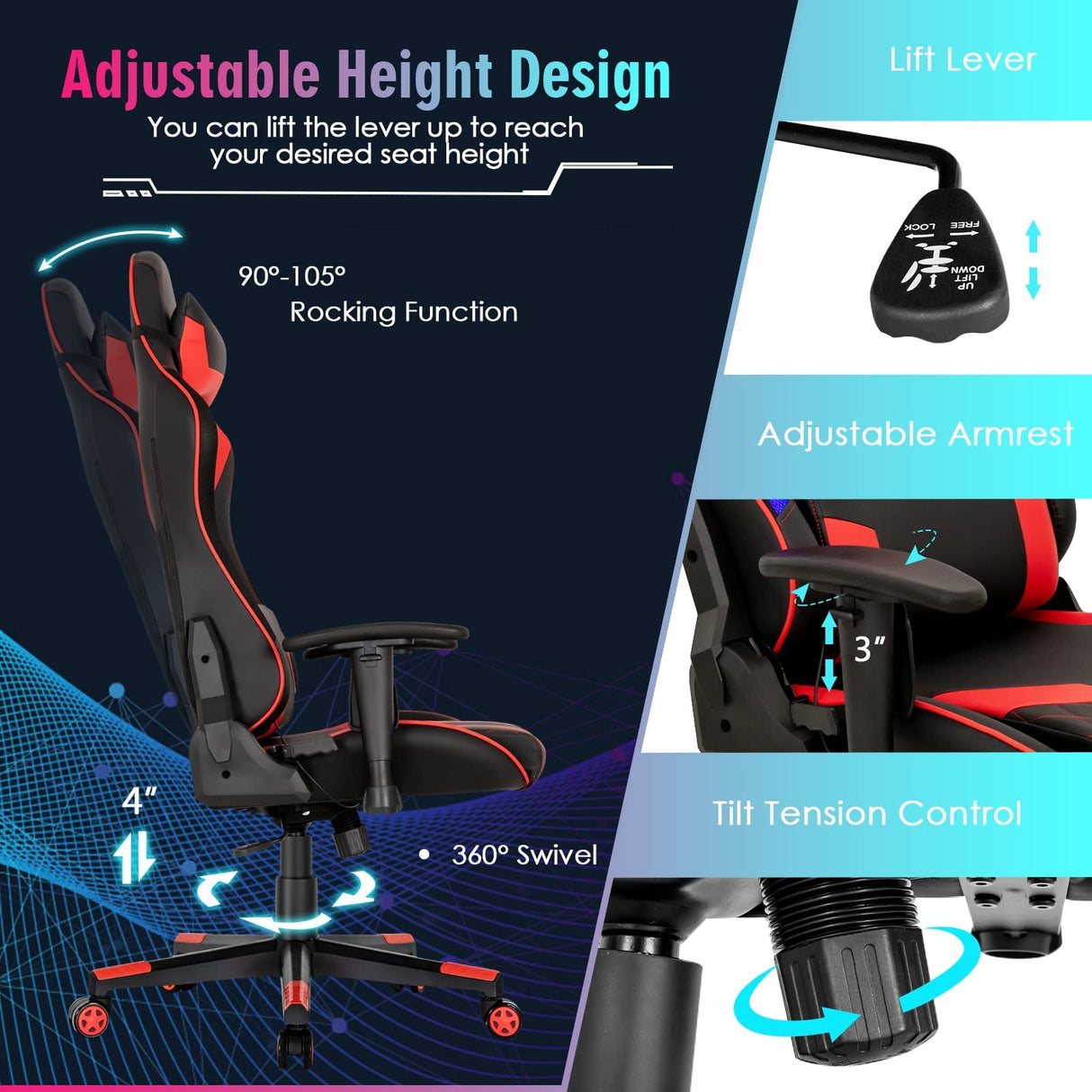 RGB LED Gaming Chair - Ergonomic High Back PVC Leather E-Sport Computer Chair with Lumbar Support