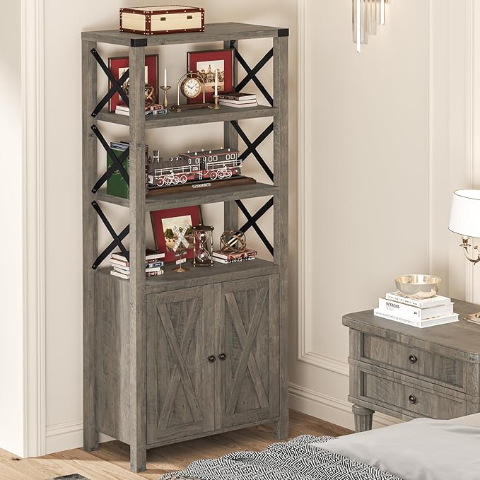 Book Shelf with Storage Cabinet, Farmhouse 5-Tier Bookshelf