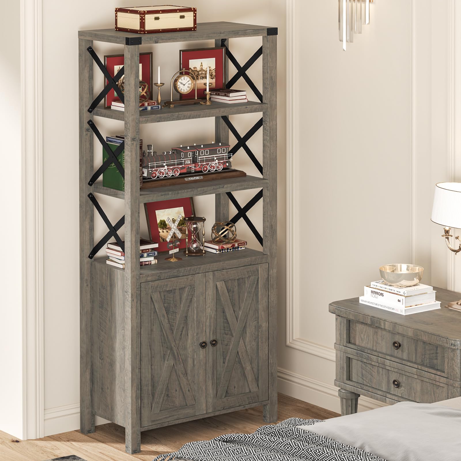 Book Shelf with Storage Cabinet, Farmhouse 5-Tier Bookshelf