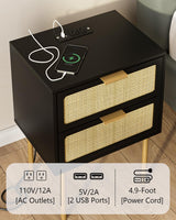 Rattan Nightstand with Charging Station, 2 Drawer Dresser for Bedroom